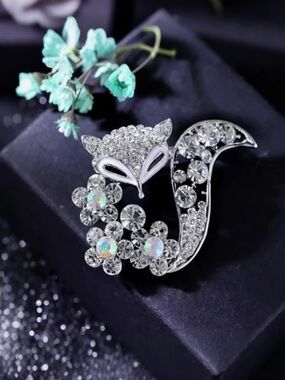 Anthropologie Silver Crystal Fox Brooch with Aurora Flowers